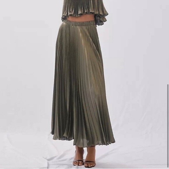 NWT Anthropologie Green & Gold Metallic Pleated Skirt and Top Set - Picture 5 of 16